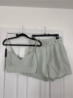 Crescent Mint Green Plaid Crop Top and High-Waist Shorts Set